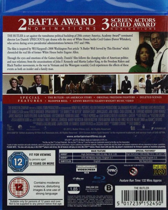 Achterkant van de Blu-ray hoes van The Butler met tekst, castlijst en filminfo.