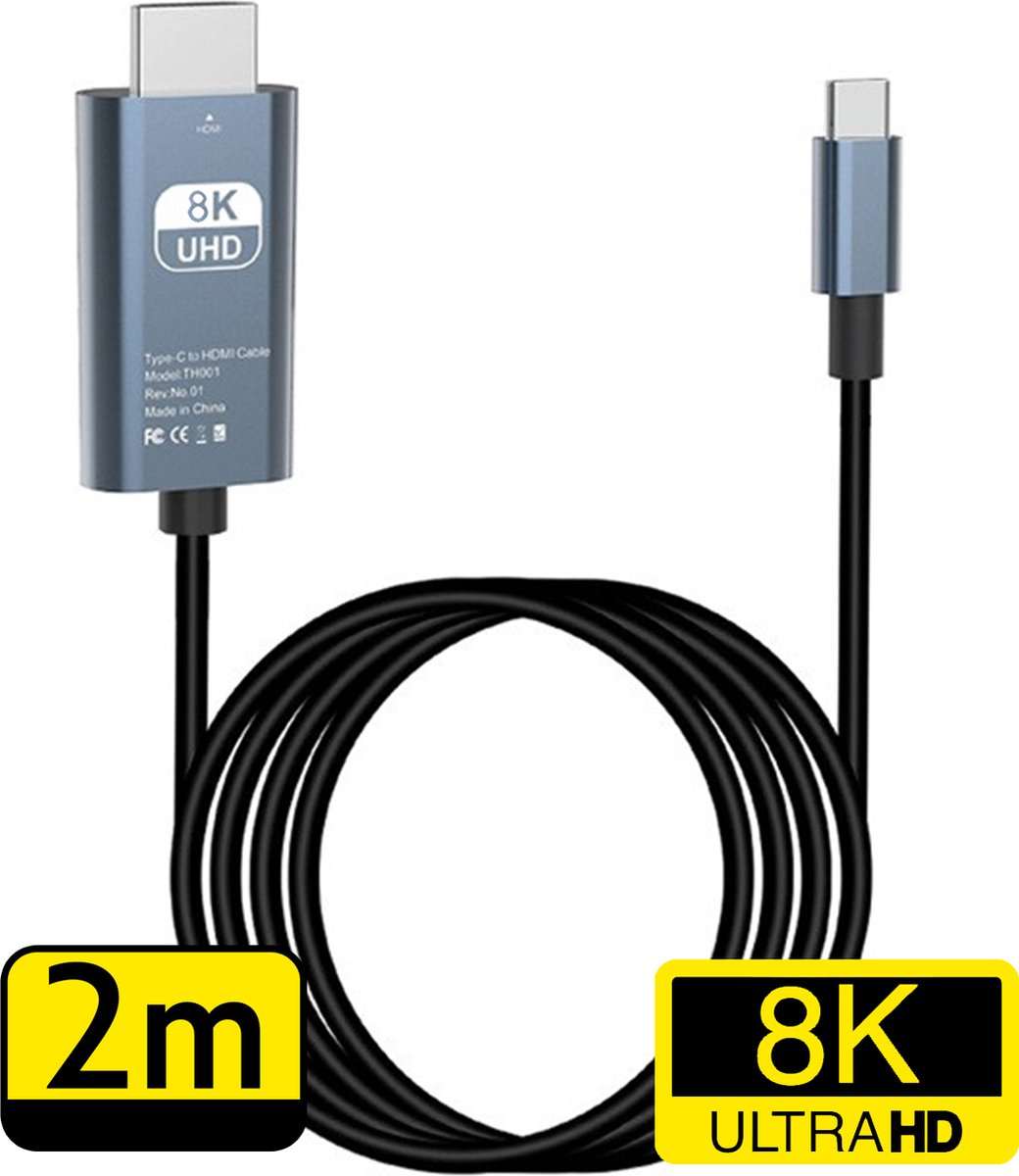 USB C naar HDMI Adapter 8K HD Resolutie - USBC naar HDMI Kabel Converter - 2 meter - Zwart