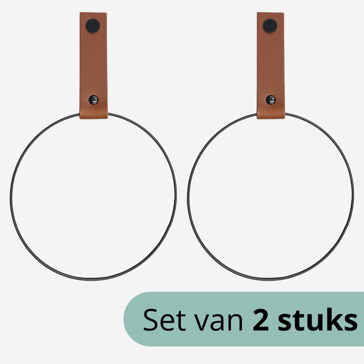 Handdoekringen - 2 stuks - Cognac leer - Zwarte ring 15cm - Handdoekhouder - keukenrekje - handdoekrekje