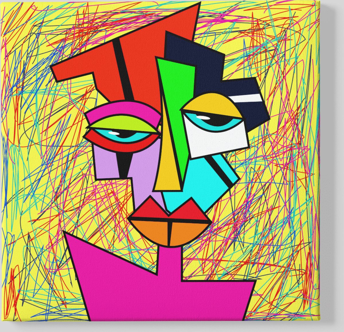Trendex Global Vierkant Canvas Schilderij - Abstract Portret - 100x100x2 cm Kleurrijk