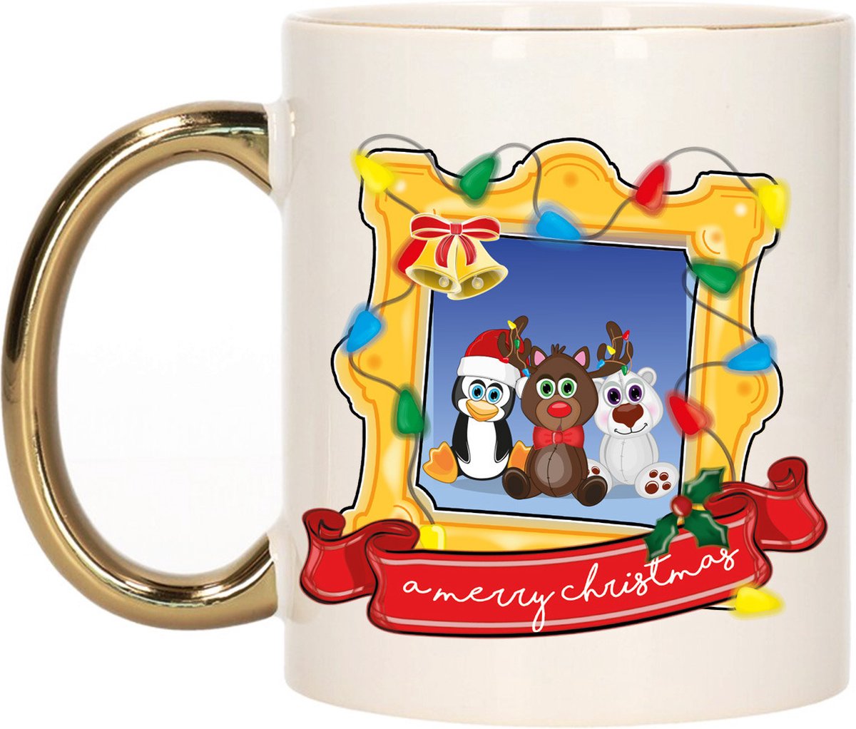 Bellatio Decorations Kerst cadeau koffiemok - kerst diertjes - goud - 300 ml - keramiek