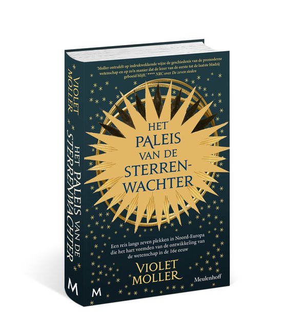 Livre avec un instrument d'observatoire doré sur fond bleu foncé avec des étoiles. Titre : "Het Paleis van de Sterrenwachter".