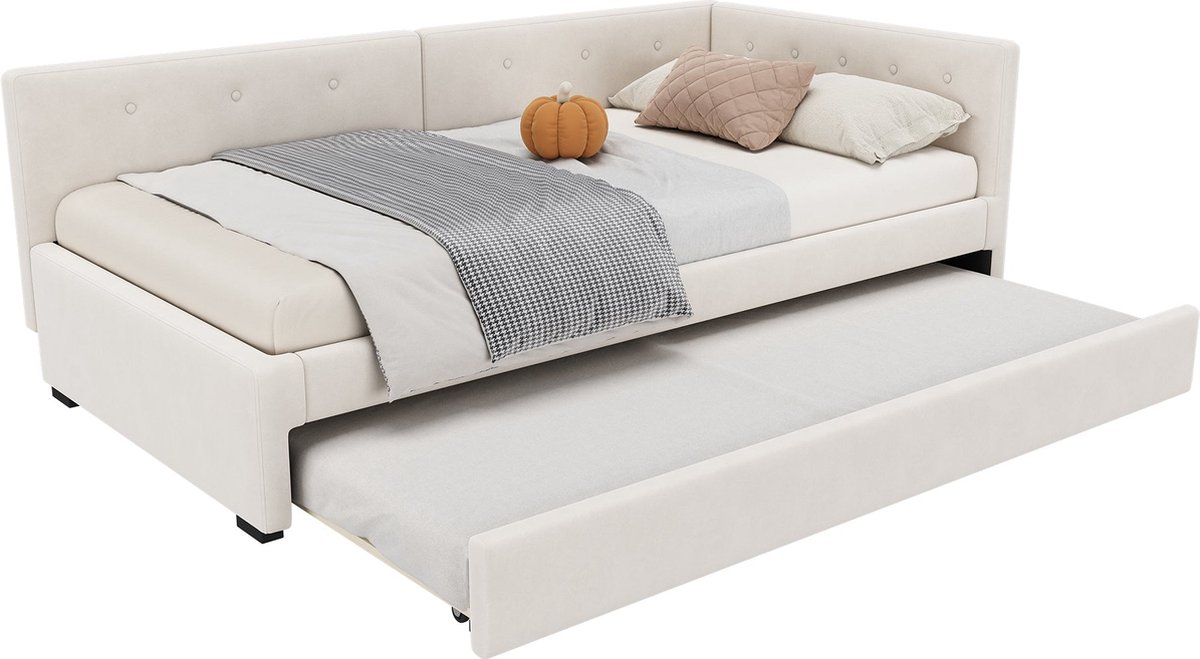 Merax Slaapbank Eenpersoonsbed 90x200 cm met Uitschuifbaar Logeerbed 90x190 cm - Velvet Gestoffeerd Bed Bank - Beige