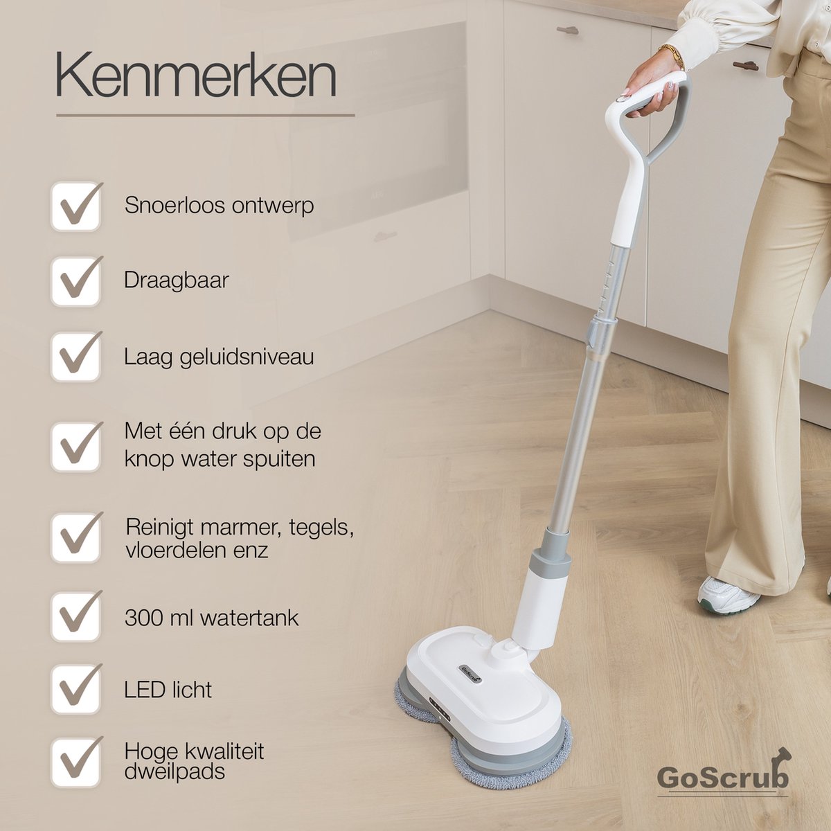 GoScrub® Elektrische Dweil - Draadloos - Vloerreiniger voor Harde en Houten Vloeren - Stille en Wendbare Mop - Efficiënt Dweilsysteem met Oplaadbare Accu – foto 6