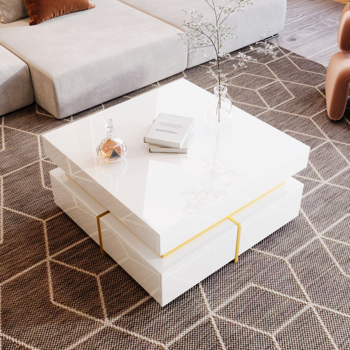 Gutent Salontafel, Wit, Salontafel, Hoogglans Woonkamertafel, Bijzettafel met gouden accenten