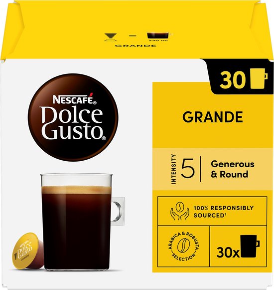 Gele Nescafé Dolce Gusto Grande verpakking met 30 cups, afbeelding van een glas zwarte koffie en een capsule.