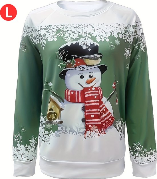 Bovista Kersttrui - Dames - Foute Kersttrui - Christmas Sweater - Kerst Sweater - Christmas Jumper - Pyjama - Pullover - Sneeuwpop - Groen - Maat L