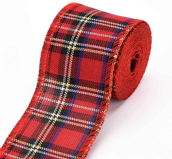 Foto: Kerst lint met ijzerdraad jute burlap linnen look lint geruit lint gingham luxe weefband 60mm 6 0cm tartan ruit kerstlint linnen rood blauw geel wit zwart decoratielint stoffen lint cadeaulint lengte 5 meter