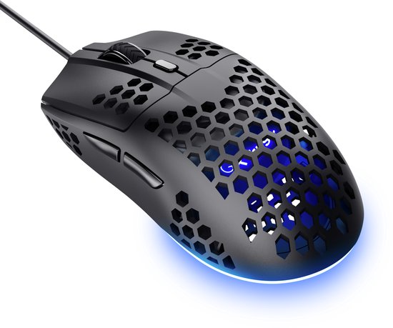 Zwarte gamingmuis met honingraatpatroon, blauwe LED-verlichting en rode LED-rand