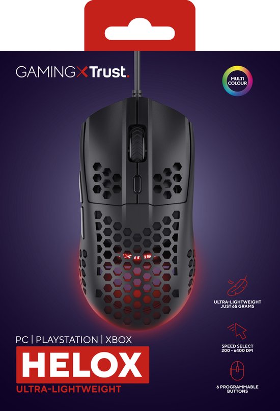 Zwart gamingmuis Helox, ultra-lichtgewicht, 6400 DPI, meerkleurige LED op verpakking