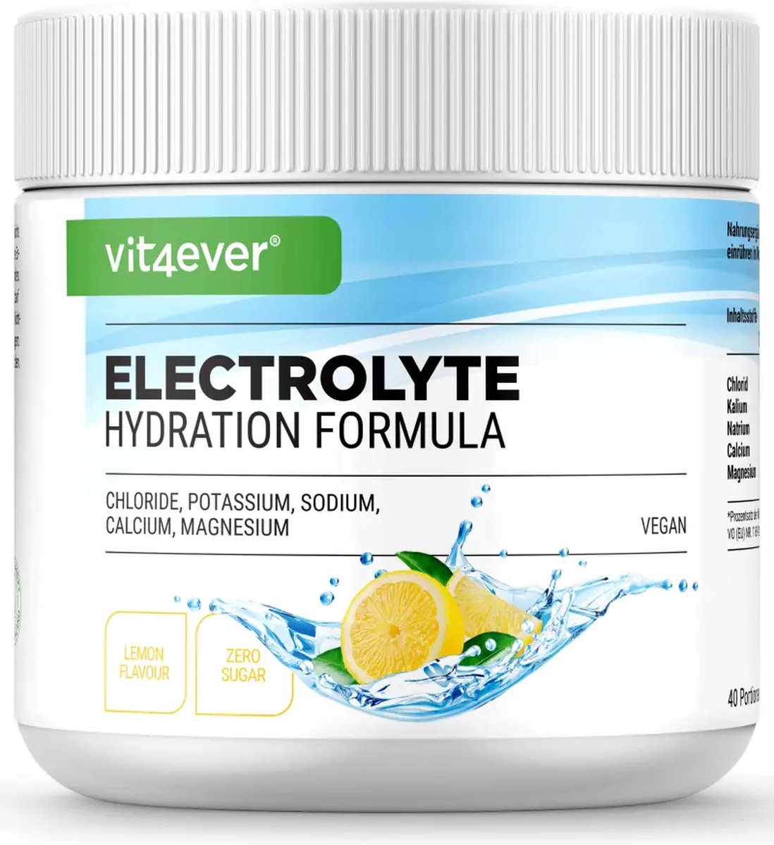 Goedkoopste Elektrolyten - 200 g (40 porties) - Hydratatieformule met chloride, kalium, natrium, calcium, magnesium - Perfect voor sporters met vochtverlies - Zonder suiker - Veganistisch - Citroensmaak - Vit4ever
