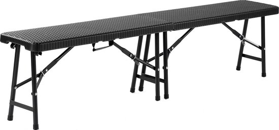 Zwarte, inklapbare bench van 182cm lang en 28cm breed, met metalen poten.