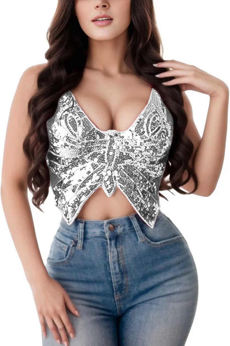 Goedkoopste Glitter Top - Festival Topje - Zilver - Lingerie - Sexy Dames BH - One size maten S, M en L