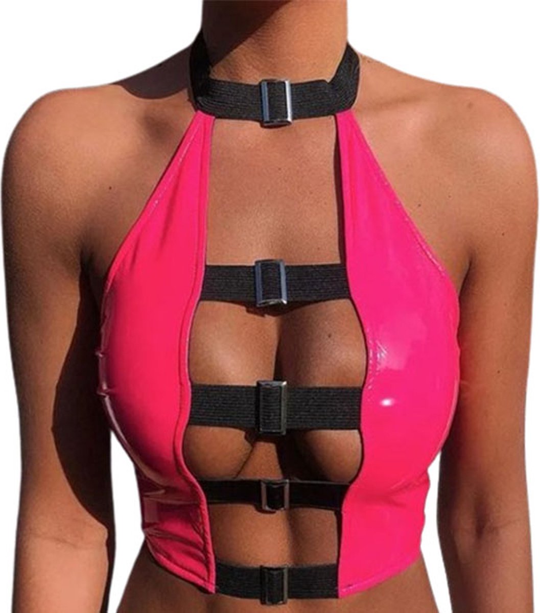 Goedkoopste Erotische top vrouwen - PU Leder - Open borst - BDSM - Festival - Sexy topje - Backless - Zeer goede kwaliteit