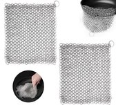 Ringreiniger - Cleaner voor Gietijzeren Pannen - RVS Schrubmatje - voor Gietijzer / BBQ - Metalen Borstel - Scrubmat - 15 x 15 cm - Maliënkolder Scrubber - Pannenspons