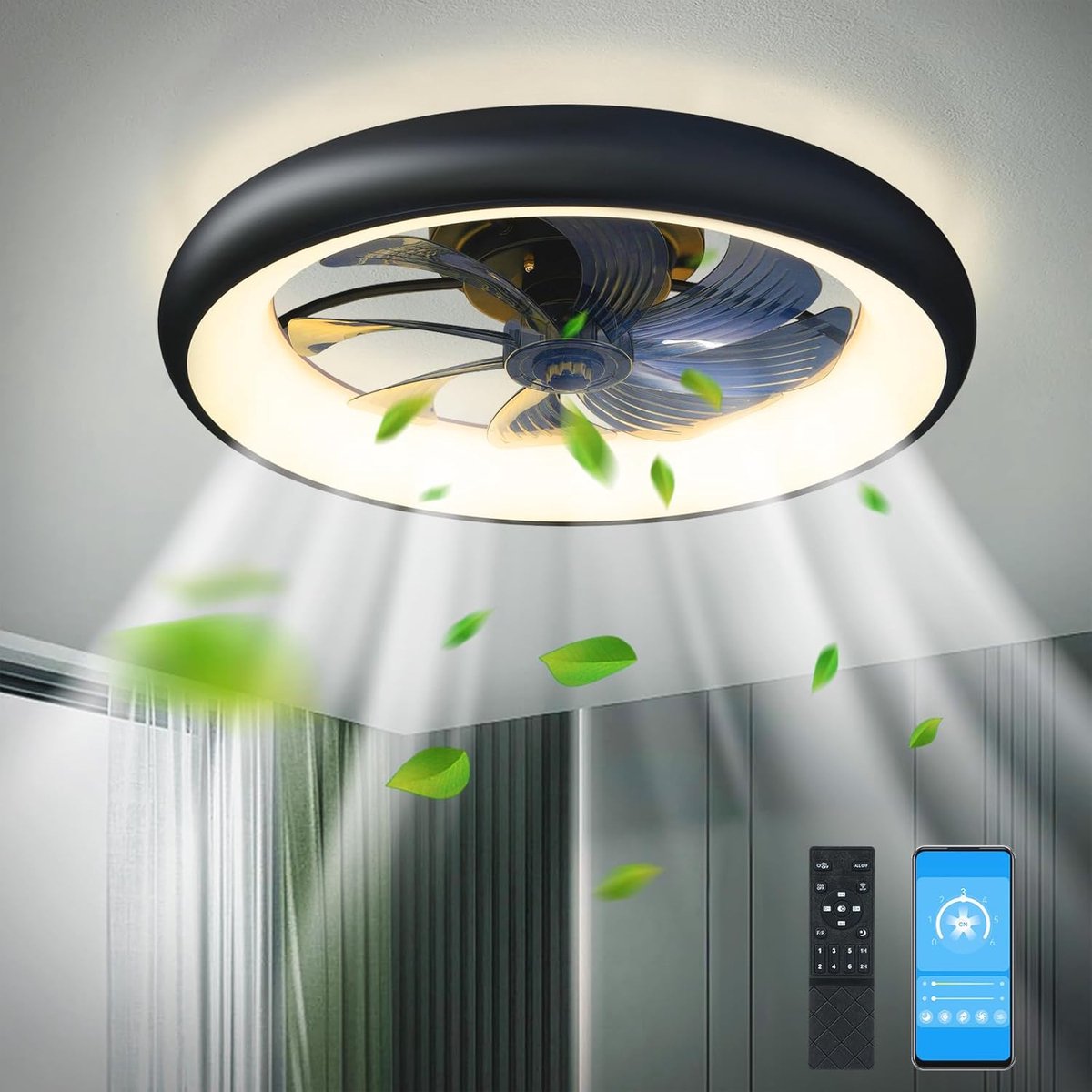 Bol.com Plafond Ventilator Lamp - Smart Lamp - 50 CM - 6 Standen - Dimbaar - Zwart - Kroonluchter Ventilator - Chandelier Fan - ... aanbieding