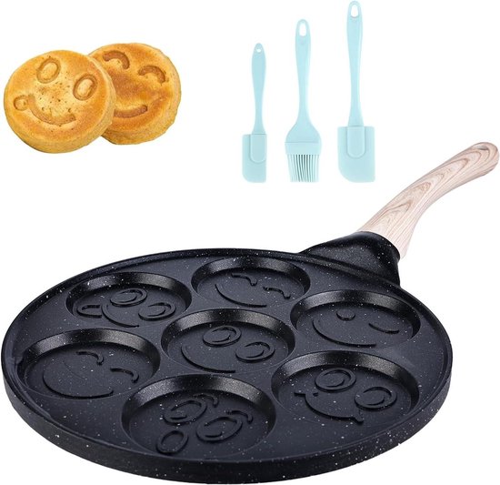 Pannenkoekenpan, anti-aanbakpannenkoekenmaker, 7 gaten met smiley-gezichten spiegelei-pan, voor kinderontbijt, 27 cm, PFOA-vrij