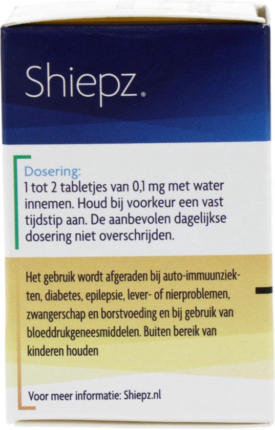Zij-aanzicht van de Shiepz Melatonine doos met dosering en waarschuwingen.