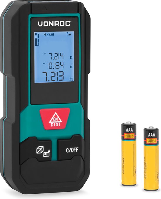 Foto: Vonroc laser afstandsmeter 20 meter bereik zeer compact formaat meet afstand oppervlakte volume pythagorisch aanpasbare meetreferentie inclusief batterijen