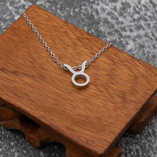 Zilverkleurige ketting met een Taurus (Stier) symbool hanger, op een houten display.
