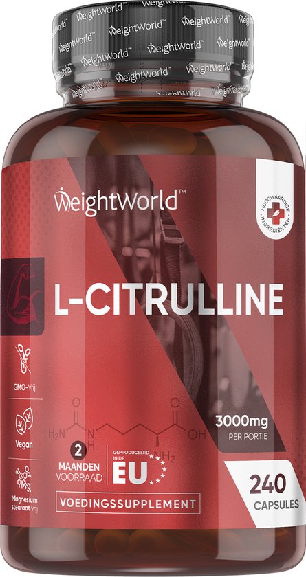 Bruine fles WeightWorld L-Citrulline 3000 mg met 240 veganistische capsules. Iconen: GMO-vrij, vegan, 2 maanden voorraad, voedingssupplement.