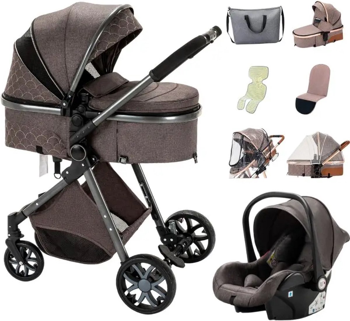 Loft Home Luxe 3-in-1 Kinderwagen - Wandelwagen - Autostoeltje - Buggy - Inklapbaar - Bruin - 0-36 Maanden