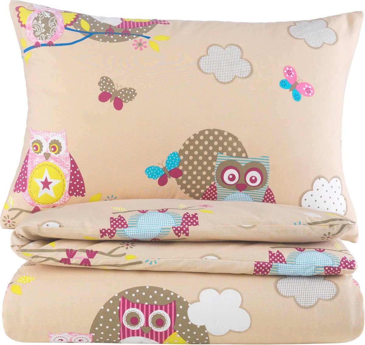 Riokem ® Babybeddengoedset voor meisjes en jongens 100 x 135 cm + 40 x 60 cm 100% Renforcé katoen Ritssluiting Uil Crème Beige