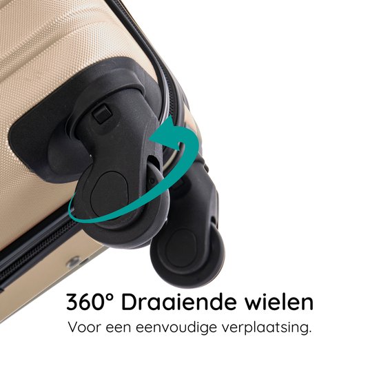 Detail van 360° draaiende spinnerwielen onderaan een beige koffer.