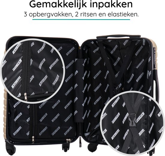 Open beige koffer die het interieur toont met 3 vakken, 2 ritsen en elastieken.