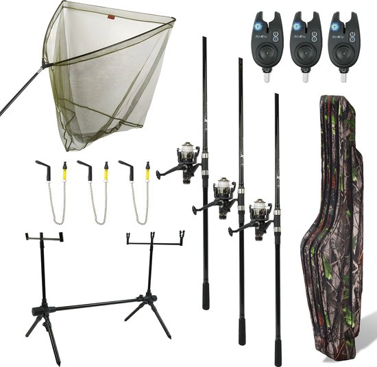 Foto: Fish xpro karperset improve deluxe 3 hengels compleet karpernet rodpod beetmelders