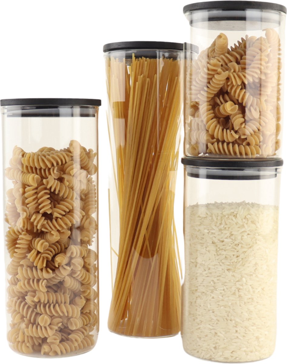 OTIX Voorraadpotten - Glas - met Deksel - 4-delig - Zwart - Hout - SERENITY