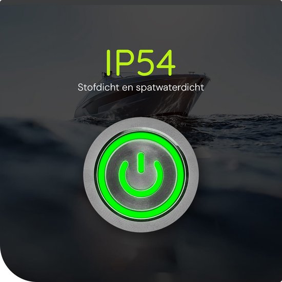 Interrupteur à impulsions en métal ProRide 220 V OFF-(ON) - 22 mm - Interrupteur momentané - Résistant aux éclaboussures - Indication LED verte
