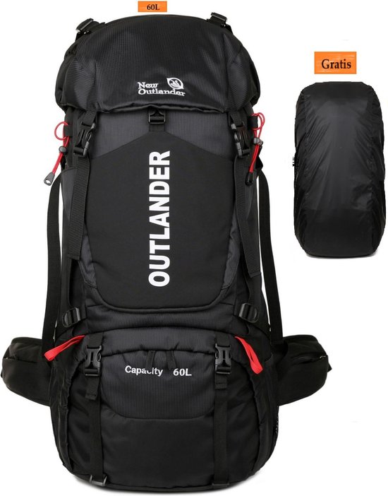 Zwarte 60L Outlander wandelrugzak met regenhoes.