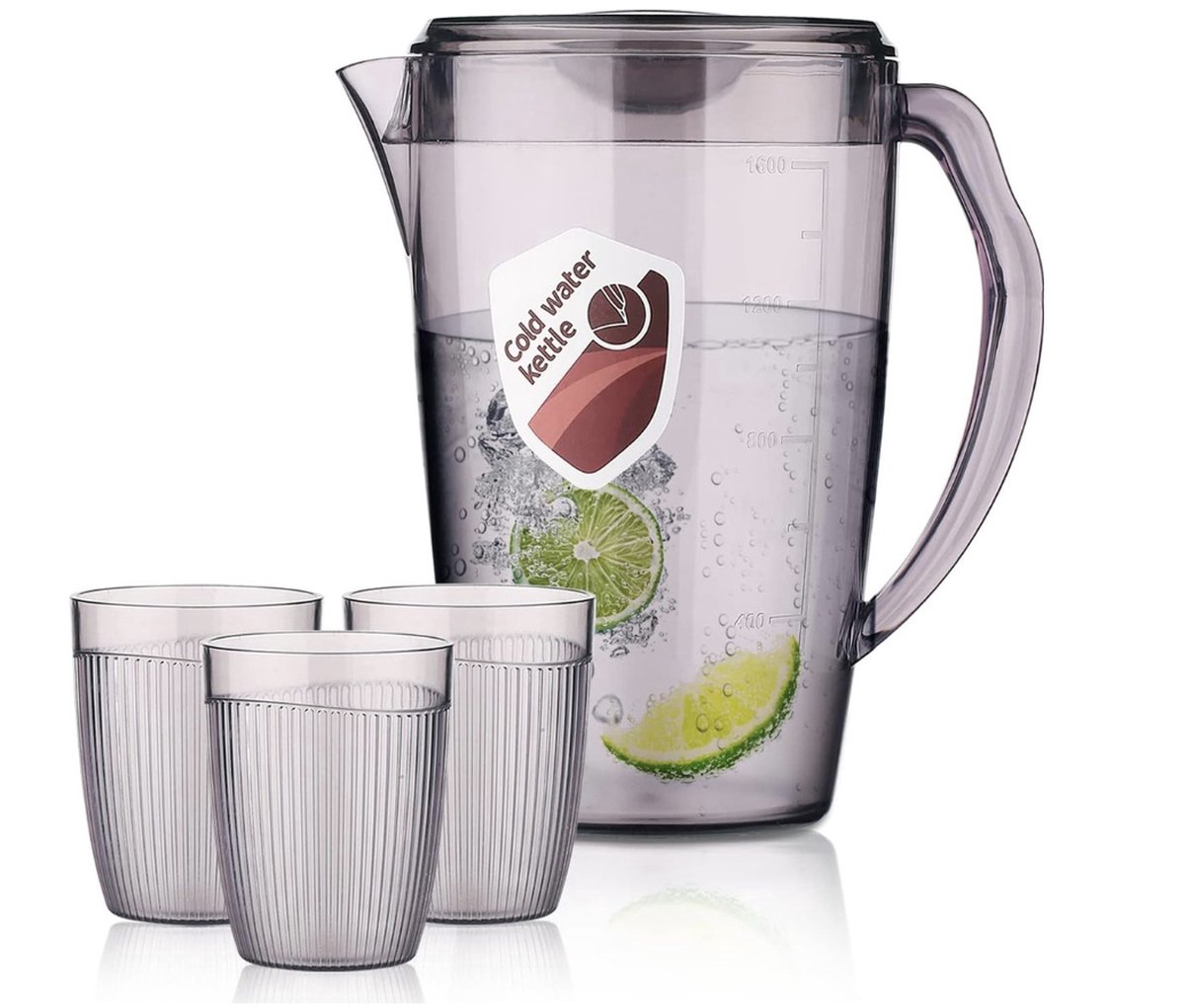 Plastic kan met 3 kopjes waterkan van 1 8 l met deksel ijstheekan waterkaraf glazen kan waterkan met handvat voor thee sappen melk koude of warme dranken (grijs)