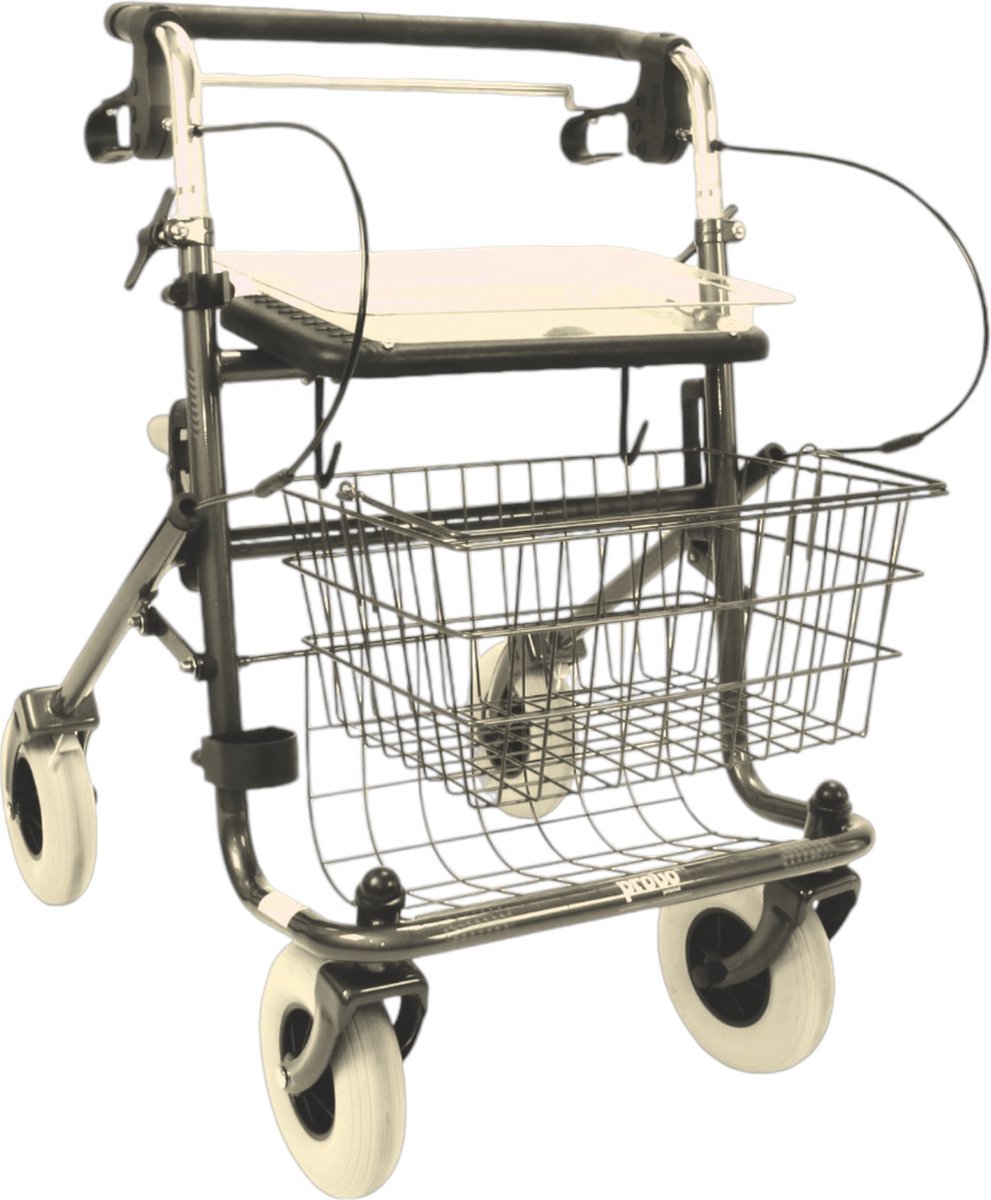 Goedkoopste Premis Provo Rollator 2e generatie - Duwstang met beugel-loop-rem onder - Incl mand, stokhouder en dienblad - Metallic Zwart