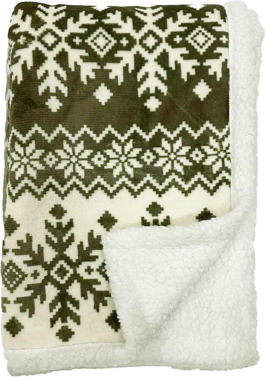 Textino SVEN - plaid 140x180 cm - sherpa fleece deken - nordic print - Martini Olive - groen Olijfgroen