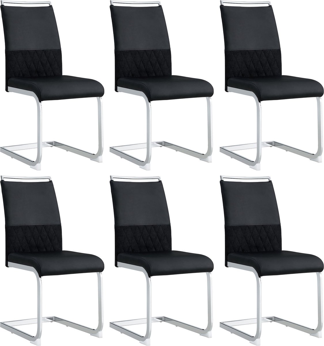 Merax Eetkamerstoelen Set van 6 – Moderne Stoelen met Hoge Rugleuning - Kunstleer en Linnen Bekleding - Ergonomisch Ontwerp - Zwart