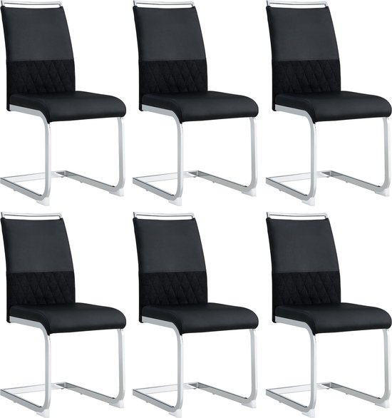 Merax Set de 6 Chaises de salle à manger – Chaises modernes avec dossier haut – PU – Revêtement en cuir et lin – Design ergonomique – Zwart