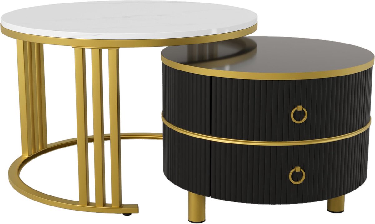 Merax 2-in-1 Ronde Salontafel Set - MDF Hoogglans en Witte Marmeren Tafelblad - Woonkamercombinatie met 2 Schuiflades - 70x70x46 cm + 50x50x40 cm