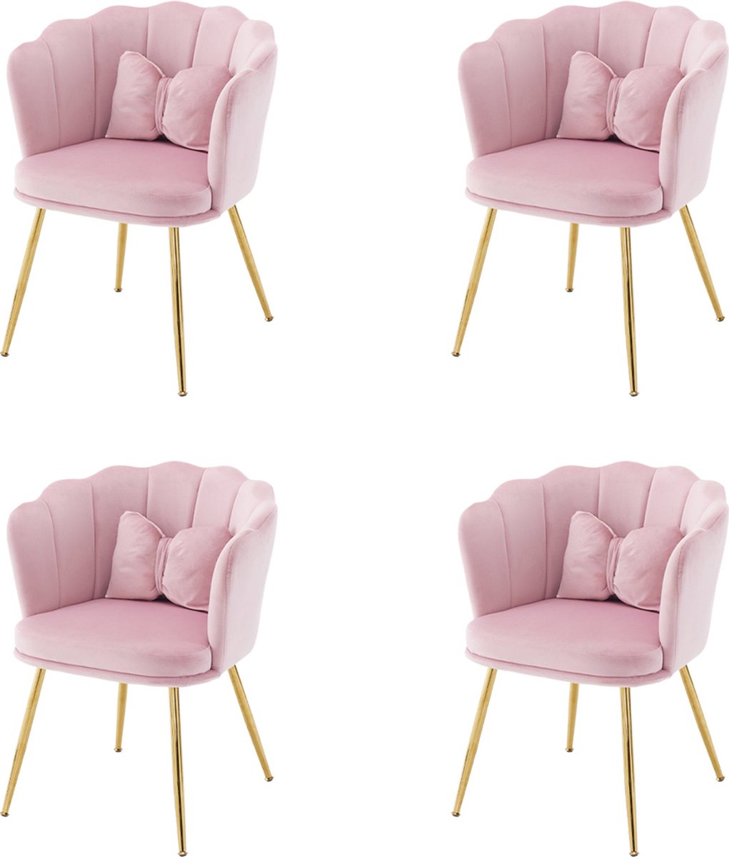 Merax Set van 4 moderne fluwelen stoelen met bloemblad rugleuning - gouden metalen poten en vlinderkussen - voor woonkamer - slaapkamer en eetkamer