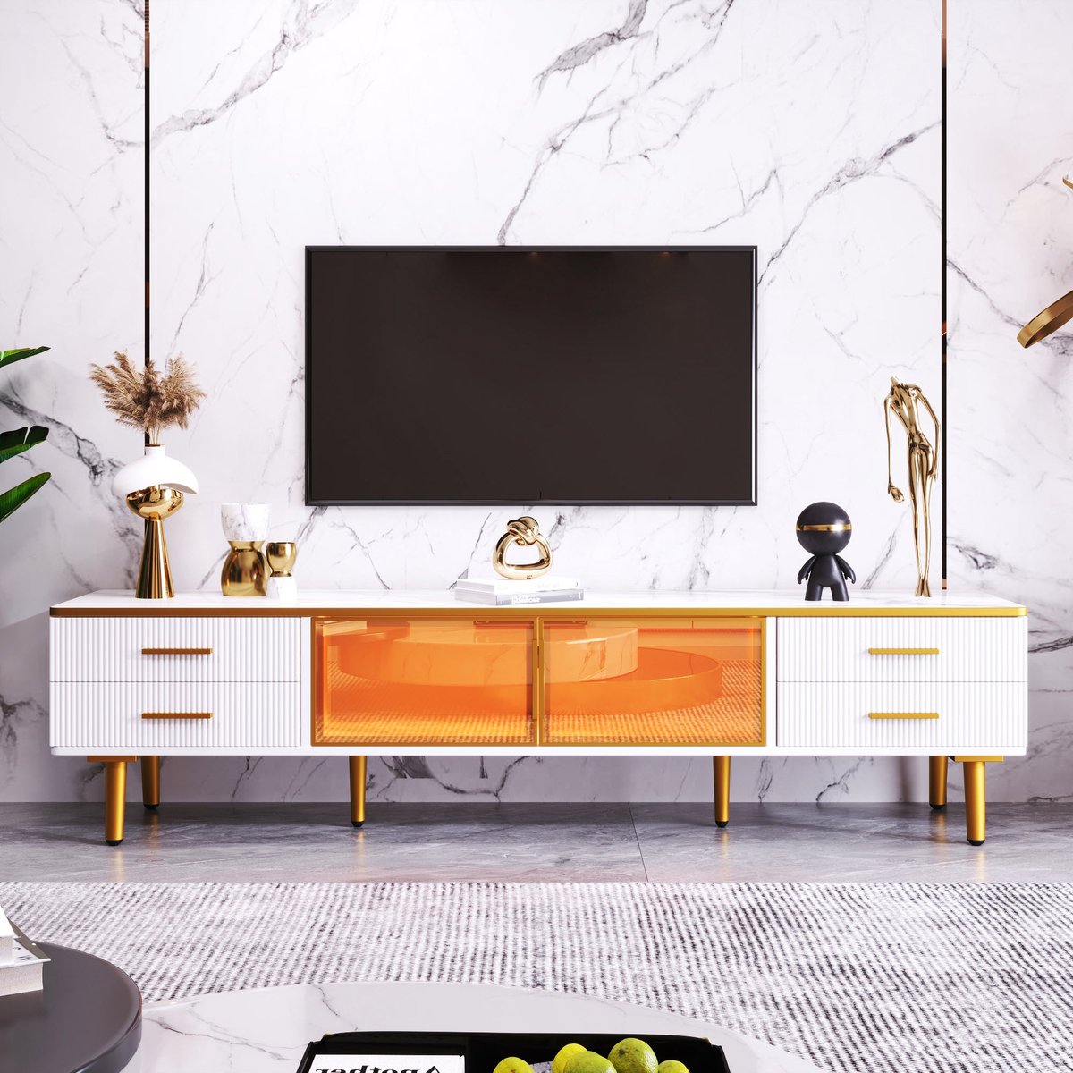 Merax TV Meubel 170 cm – Marmerlook – LED – 4 Lades – Glazen Deuren - Wit met Goud