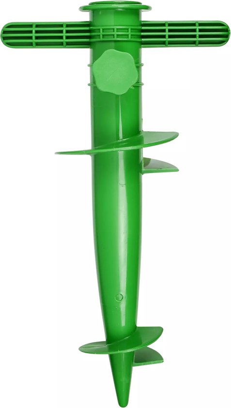 Groene parasolhouder met schroefdraad en T-vormig handvat.