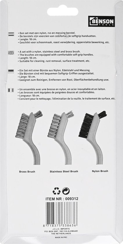 Benson Veelzijdige staalborstelset - nylon, rvs en messing - 3-delig - 18 cm - soft grip