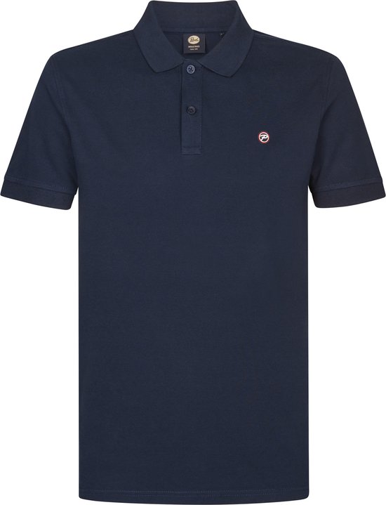 Donkerblauwe polo met korte mouwen, geborduurd logo op de borst.