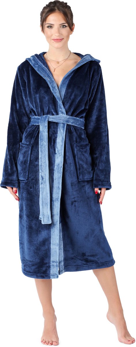 Bellivalini Dames Badjas met Capuchon - Wasmachine bestendig - Polyester - Donkerblauw - L - BLV-BLV50-168-DG