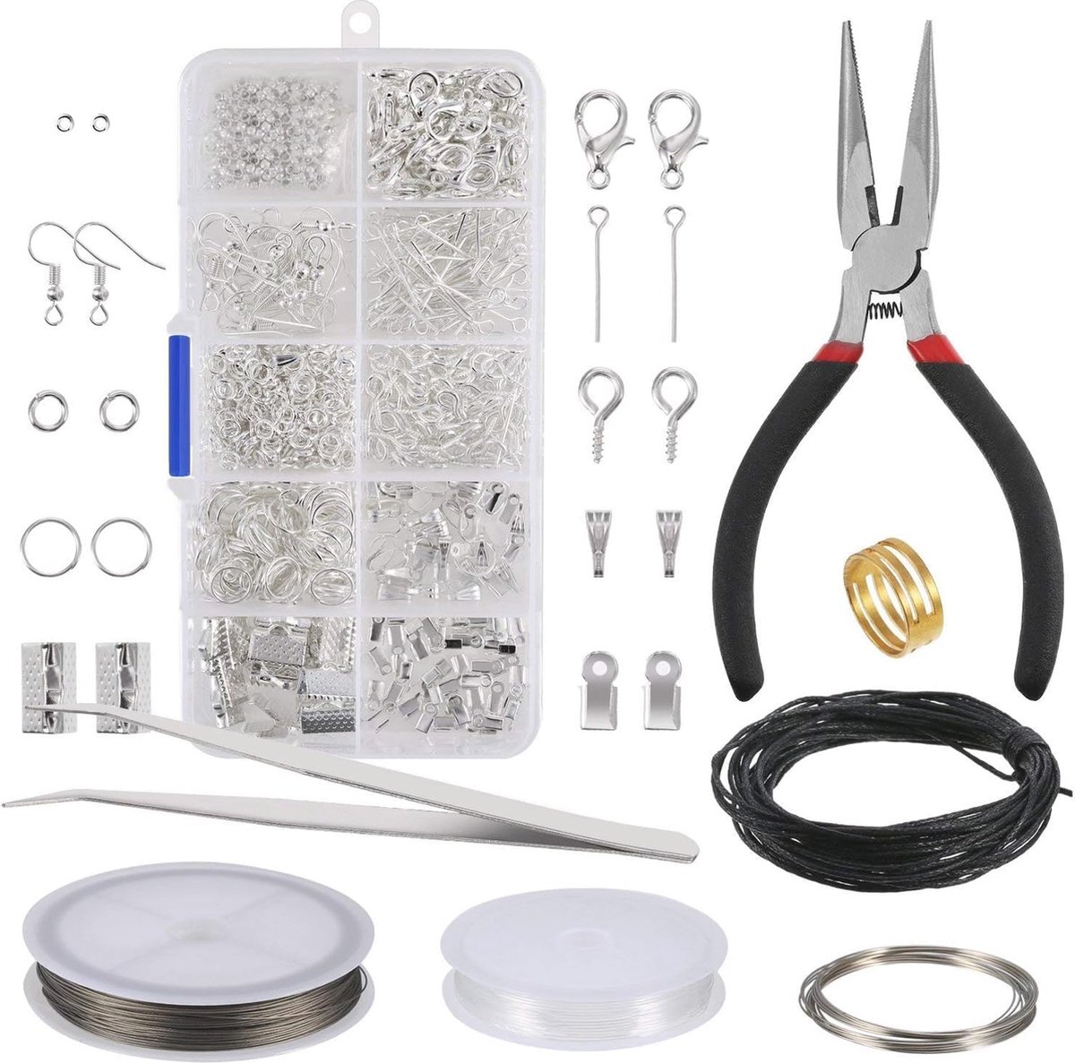 Allecta - Sieraden maken kit met tang en pincet voor doe-het-zelf sieraden reparatie - 912 stuks zilveren onderdelen