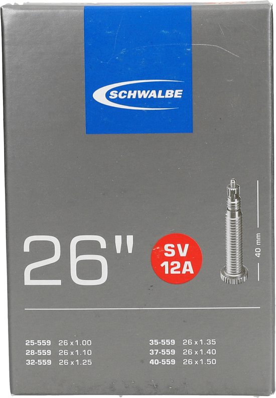 Schwalbe doos voor 26" fietsband, SV 12A, met specificaties.