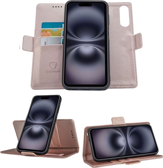 Étui portefeuille rose, style livre, à fermeture magnétique, avec porte-cartes et support de téléphone.