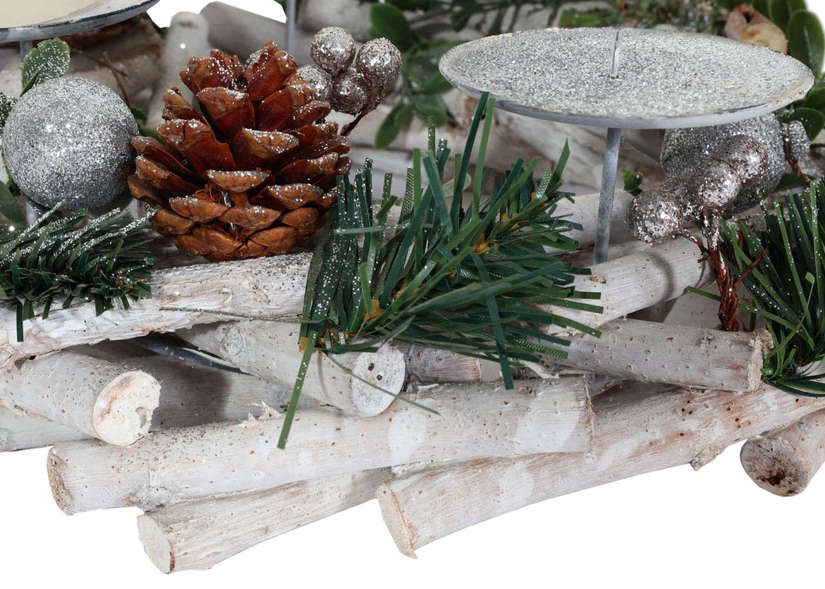 Adventskrans MCW-M12, adventsarrangement tafelkrans kerstdecoratie tafeldecoratie hout zilver wit Ø 30cm ~ zonder kaarsen – foto 8