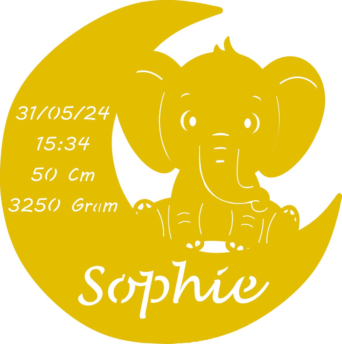 Goedkoopste Gepersonaliseerd Houten Geboortebord met Maan en olifant – Uniek Kraamcadeau met Naam, Geboortedatum, Gewicht en Lengte - 38cm - Goud